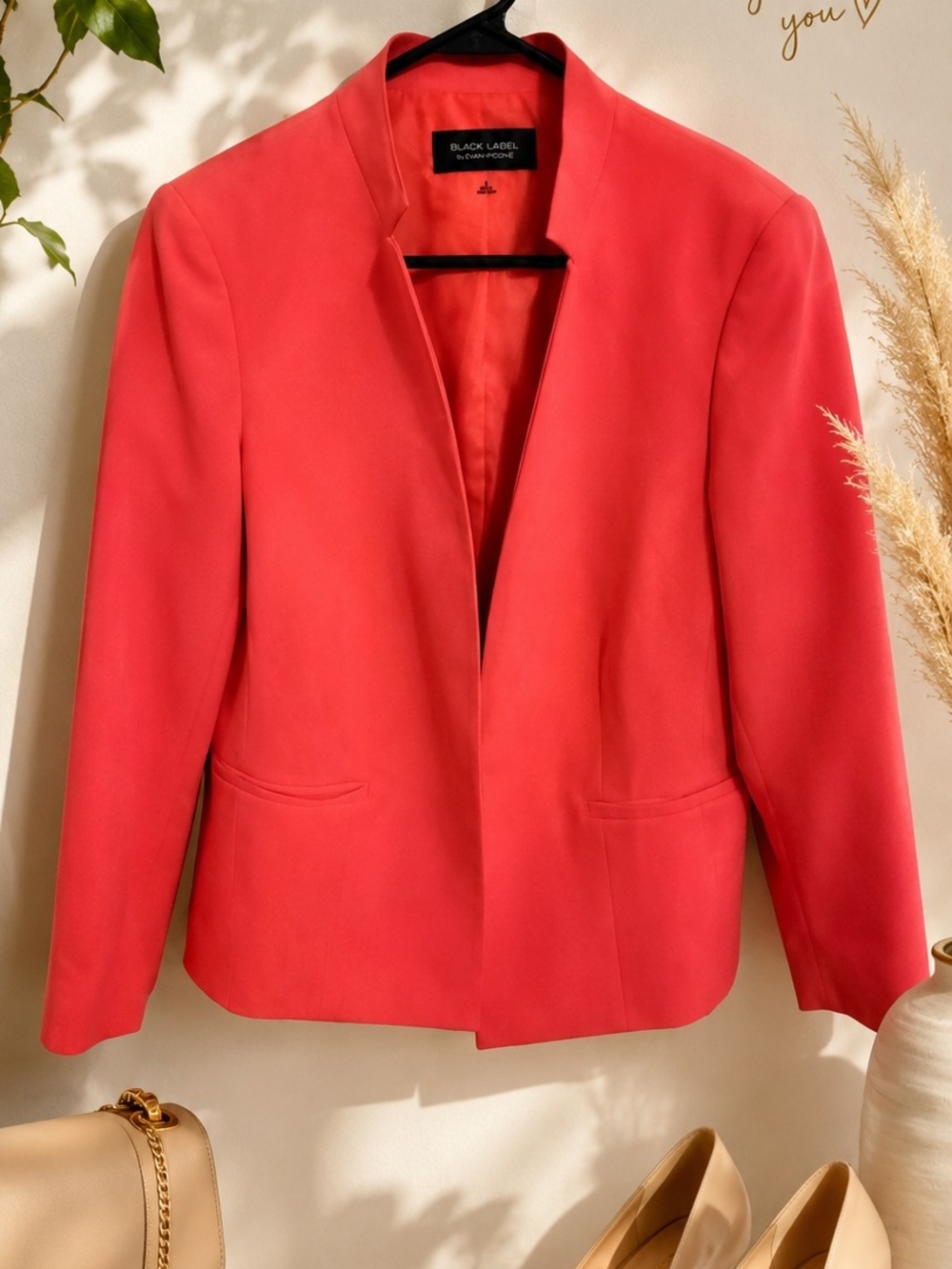Black Label Coral-Red Open-Front Collarless Blazer